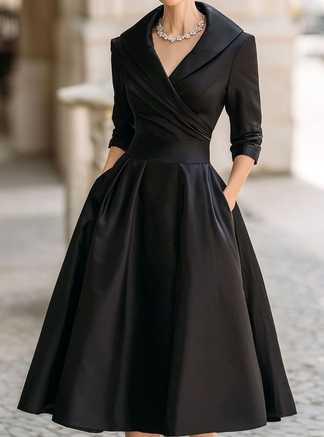 Damen Frühlings-Klassisches Wickel-Midikleid A-Linie V-Ausschnitt - Schwarz