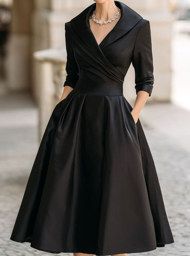 Damen Frühlings-Klassisches Wickel-Midikleid A-Linie V-Ausschnitt - Schwarz