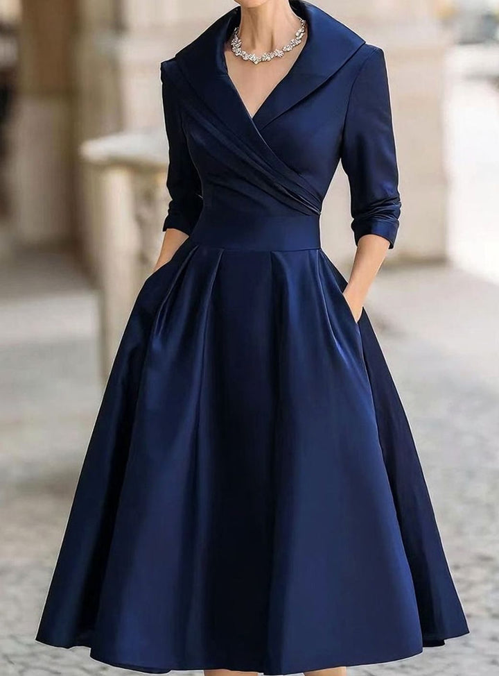 Damen Frühlings-Klassisches Wickel-Midikleid A-Linie V-Ausschnitt - Marineblau