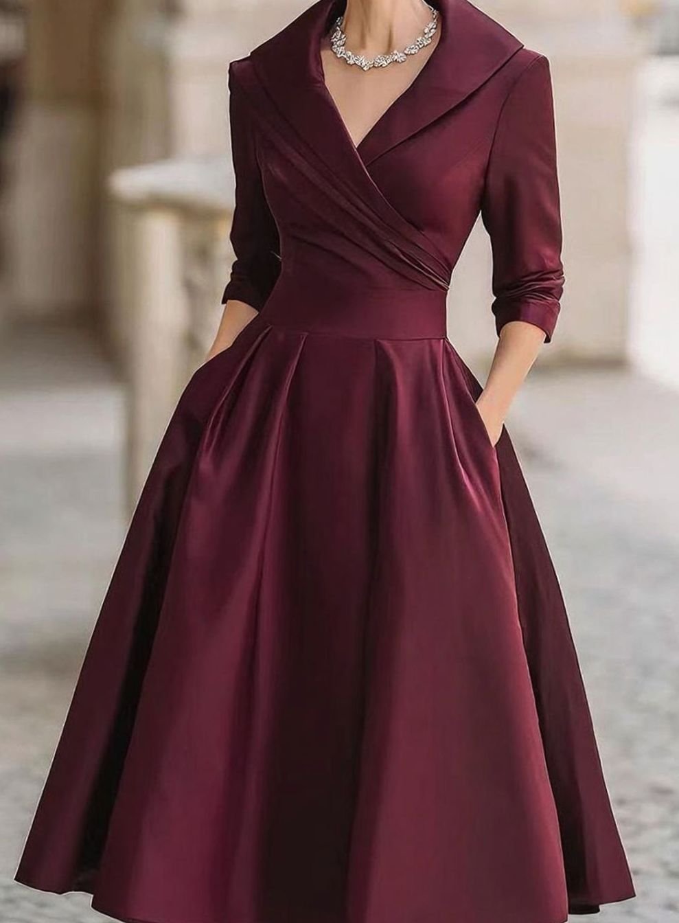 Damen Frühlings-Klassisches Wickel-Midikleid A-Linie V-Ausschnitt - Weinrot