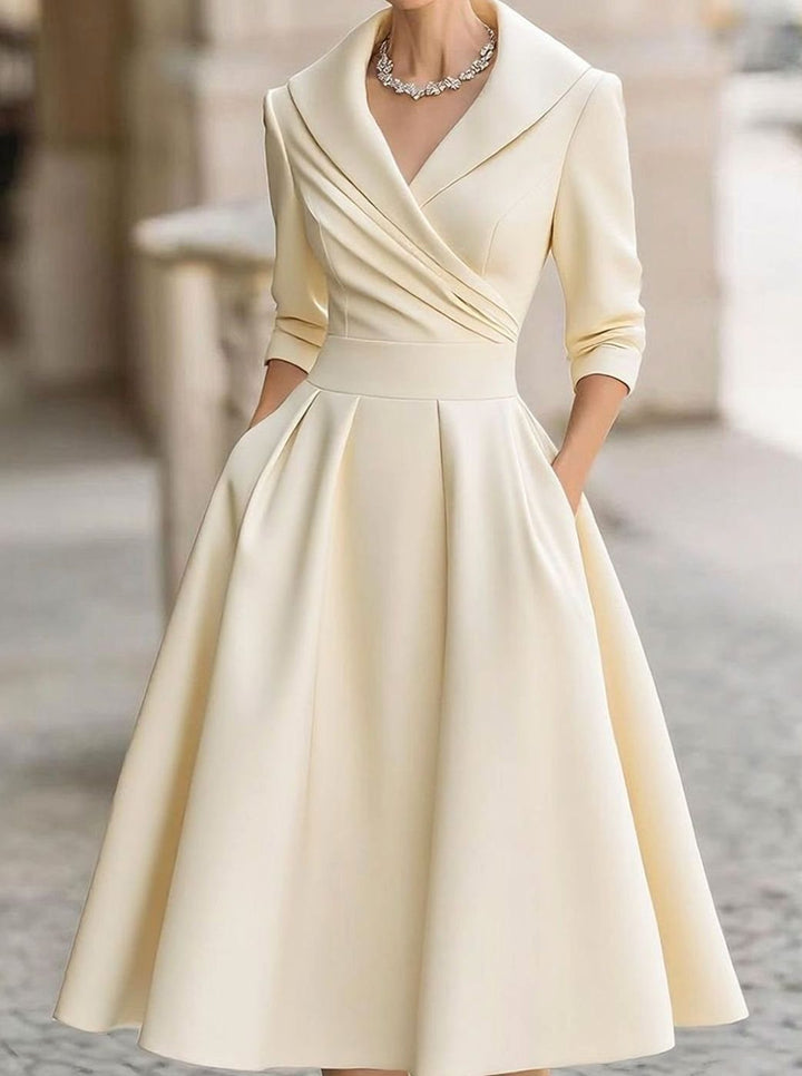 Damen Frühlings-Klassisches Wickel-Midikleid A-Linie V-Ausschnitt - Beige