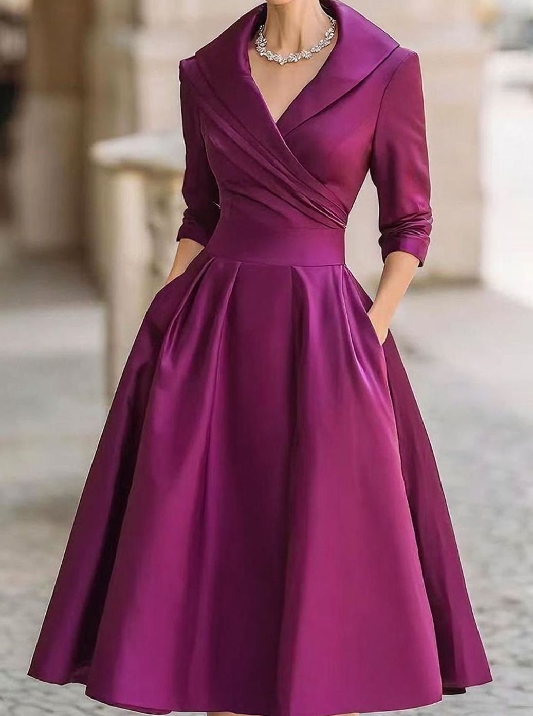 Damen Frühlings-Klassisches Wickel-Midikleid A-Linie V-Ausschnitt - Lila