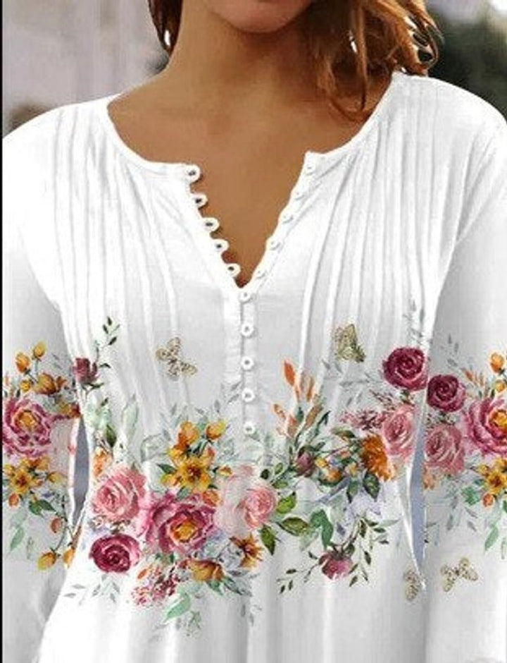 Damen Geblümte Henley-Bluse Relaxed Fit Lange Ärmel Rosenprint