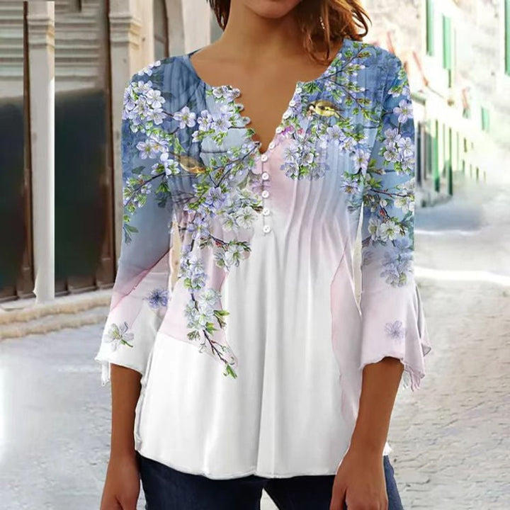 Damen Geblümte Henley-Bluse Relaxed Fit Lange Ärmel Rosenprint - Weiß-Blau