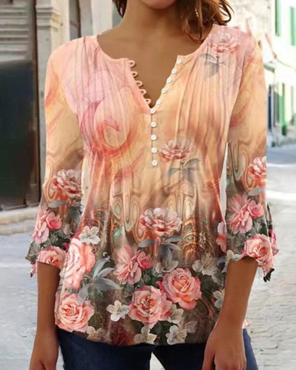 Damen Geblümte Henley-Bluse Relaxed Fit Lange Ärmel Rosenprint - Orange