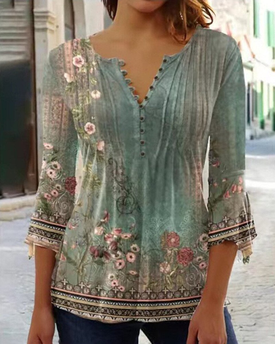 Damen Geblümte Henley-Bluse Relaxed Fit Lange Ärmel Rosenprint - Grün