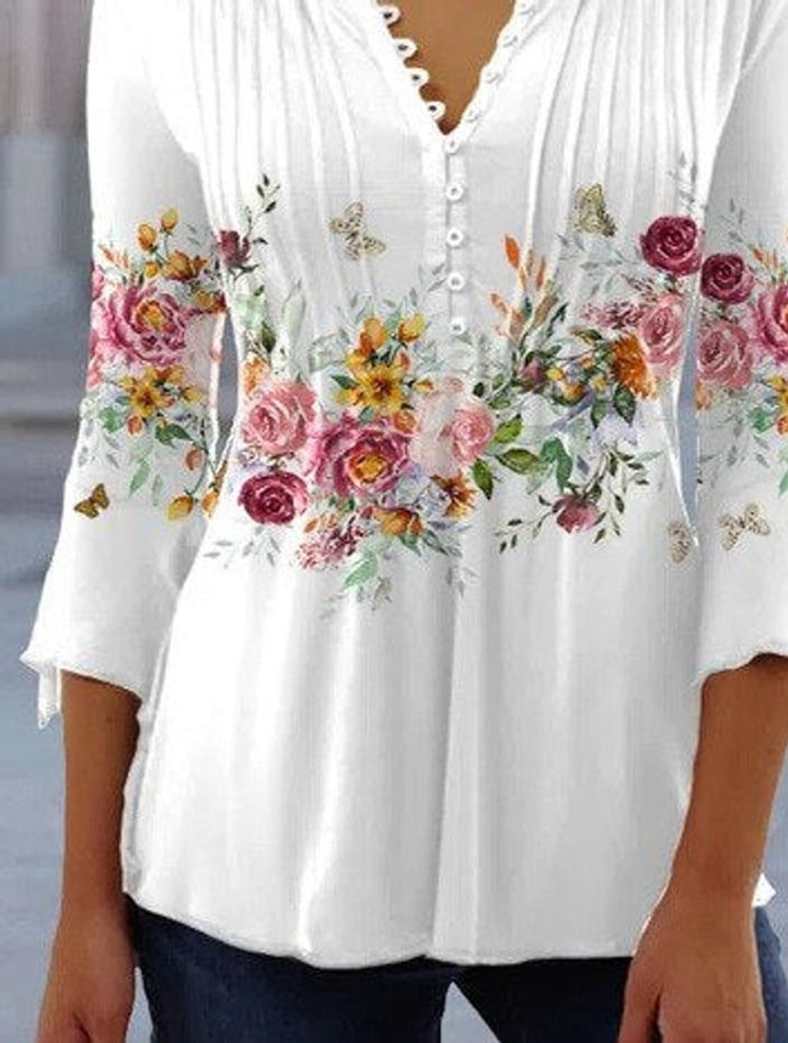 Damen Geblümte Henley-Bluse Relaxed Fit Lange Ärmel Rosenprint
