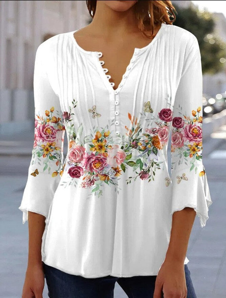Damen Geblümte Henley-Bluse Relaxed Fit Lange Ärmel Rosenprint - Blumenweiß