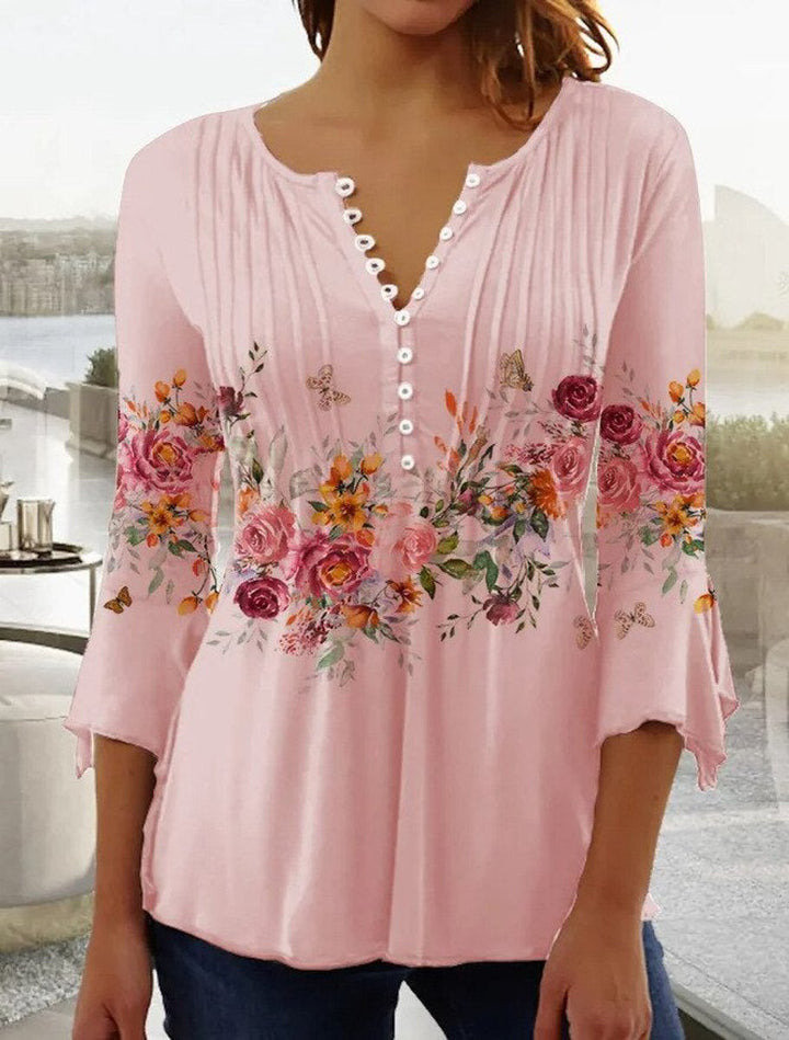 Damen Geblümte Henley-Bluse Relaxed Fit Lange Ärmel Rosenprint - Rosa