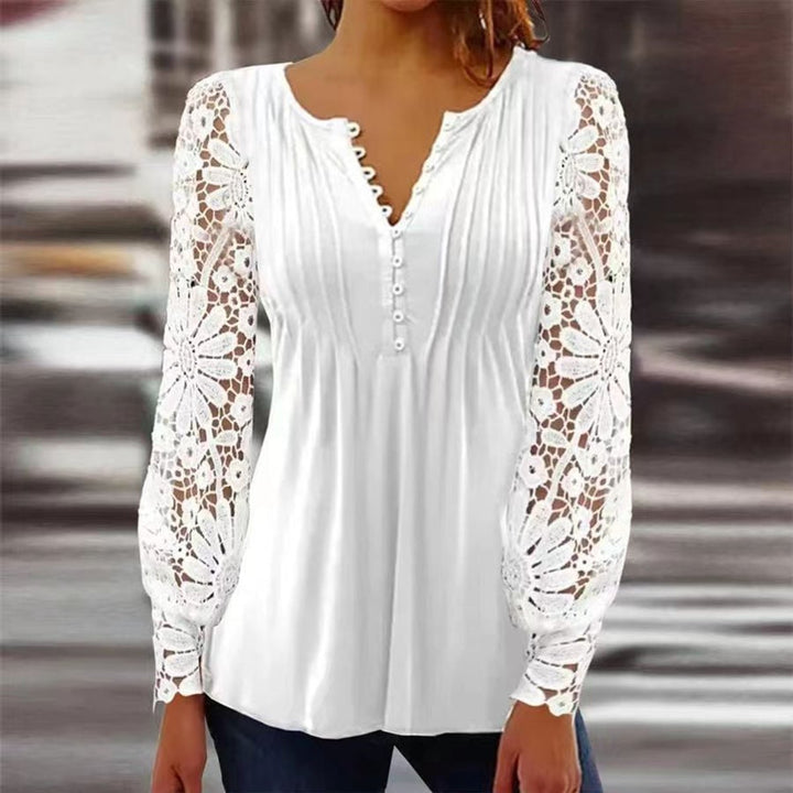 Damen Geblümte Henley-Bluse Relaxed Fit Lange Ärmel Rosenprint - Weiß
