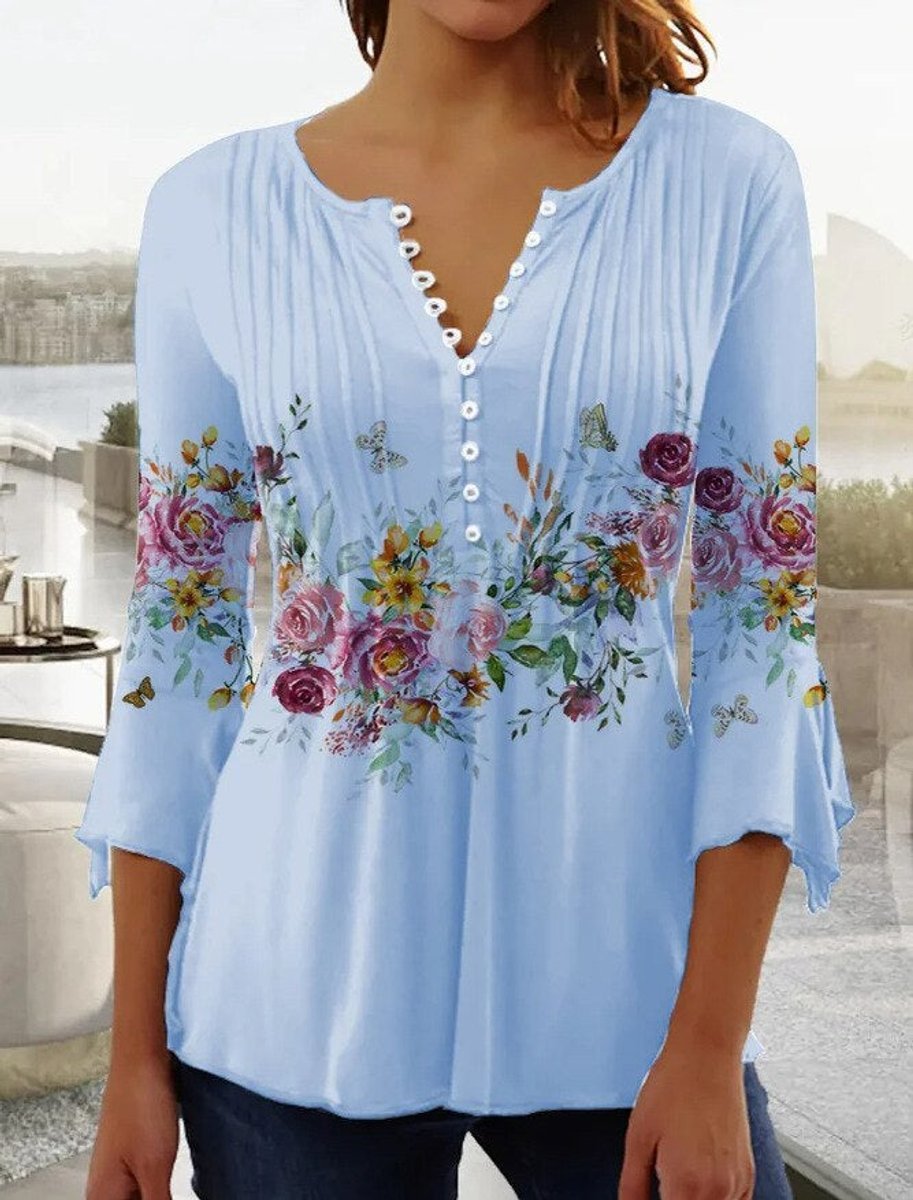 Damen Geblümte Henley-Bluse Relaxed Fit Lange Ärmel Rosenprint - Hellblau