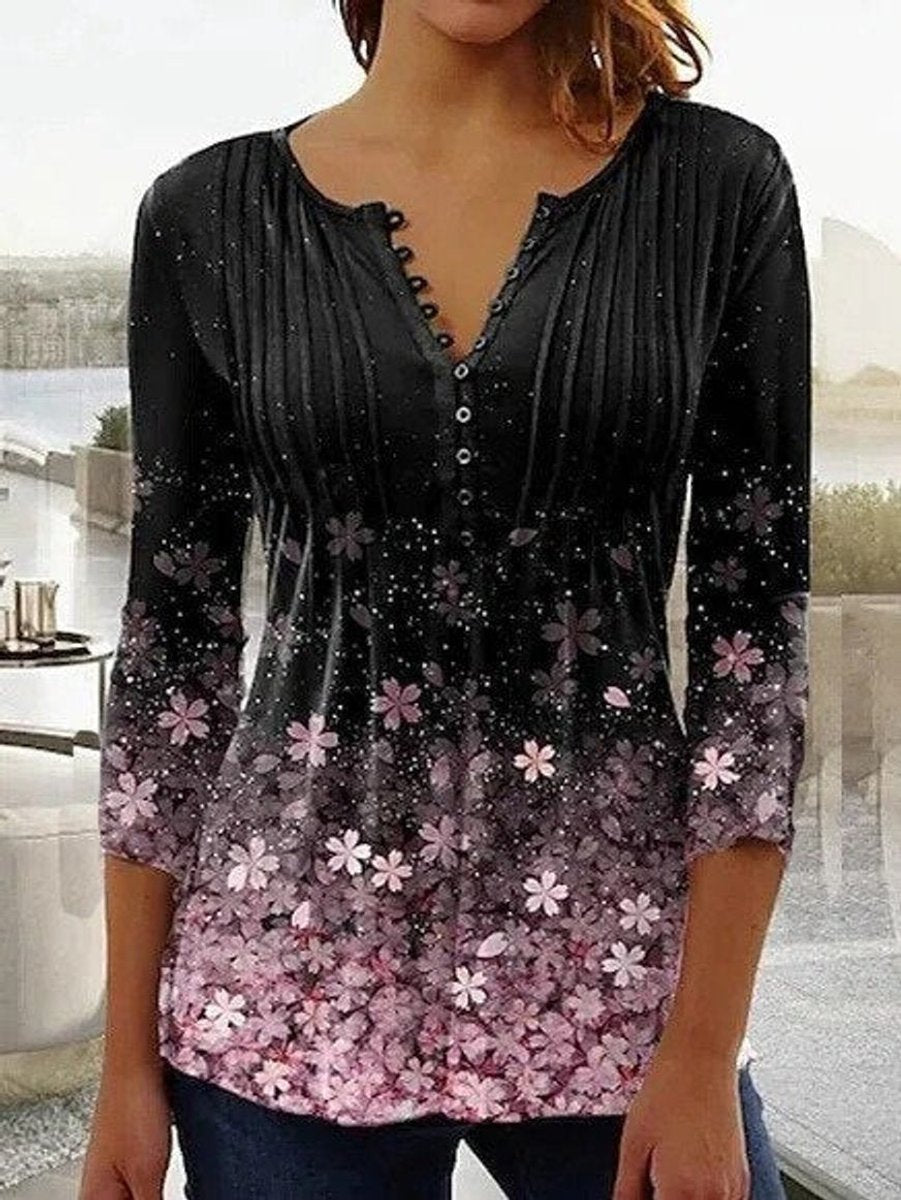 Damen Geblümte Henley-Bluse Relaxed Fit Lange Ärmel Rosenprint - Schwarz