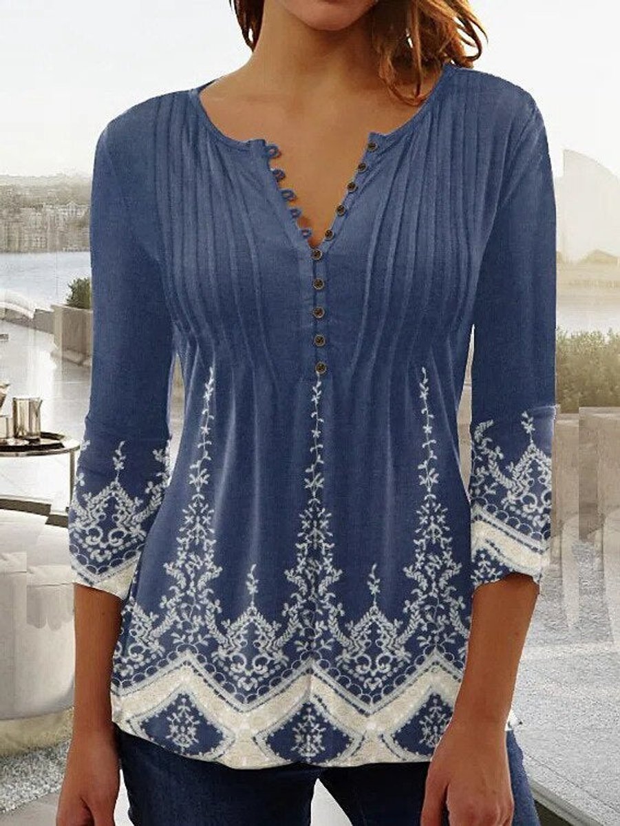 Damen Geblümte Henley-Bluse Relaxed Fit Lange Ärmel Rosenprint - Blau