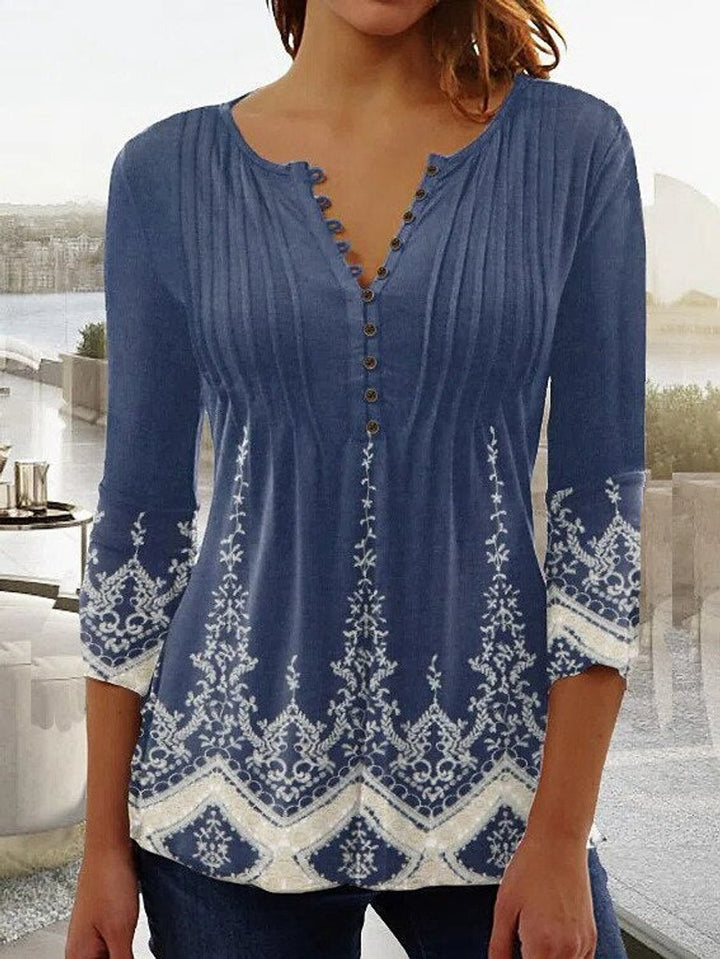 Damen Geblümte Henley-Bluse Relaxed Fit Lange Ärmel Rosenprint - Blau