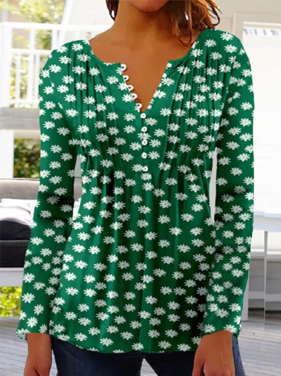Damen Geblümte Henley-Bluse Relaxed Fit Lange Ärmel Rosenprint - Dunkelgrün