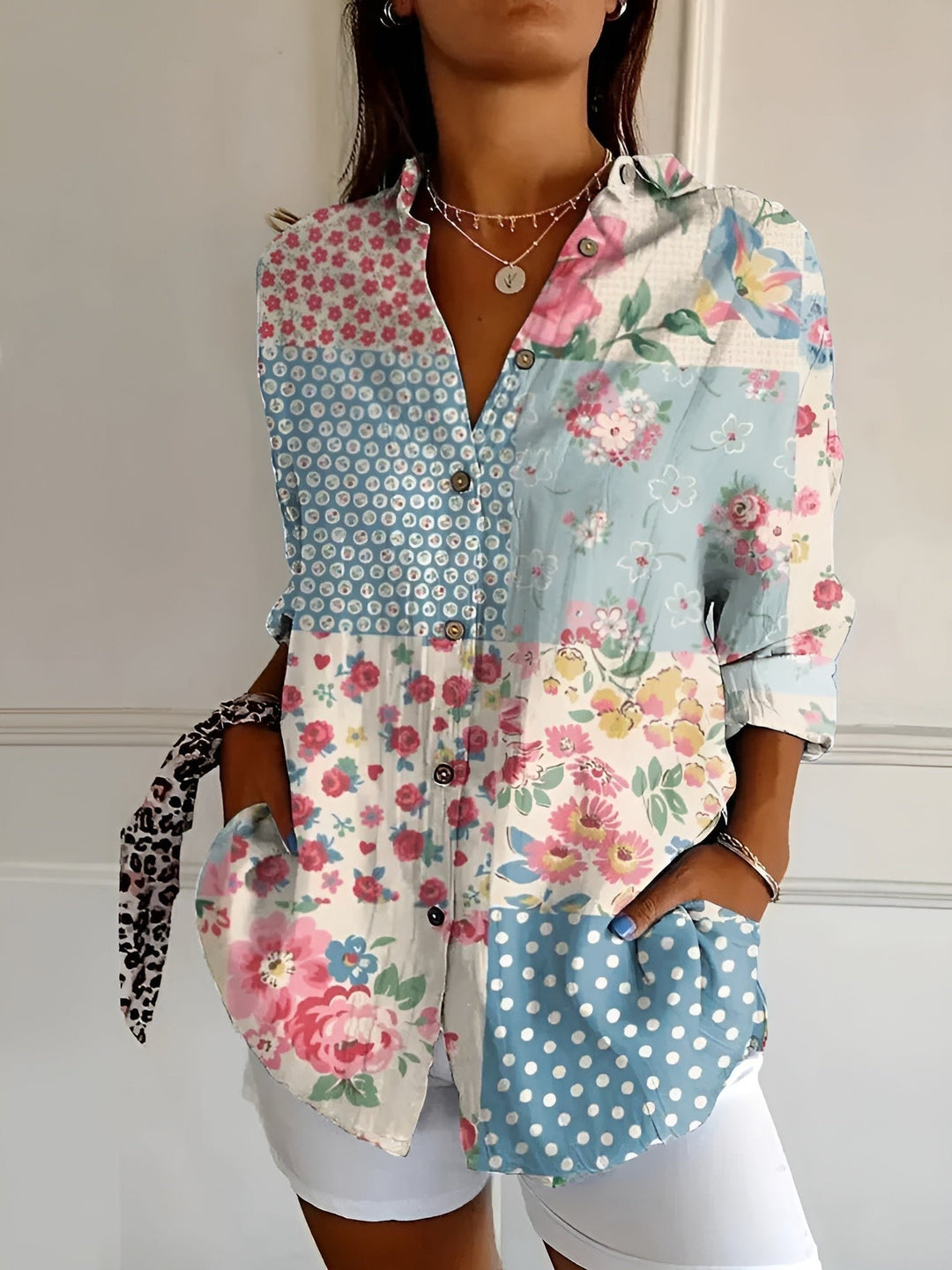 Damen Geblümte Leichte Langarm-Bluse mit Knopfleiste - Blue Flower