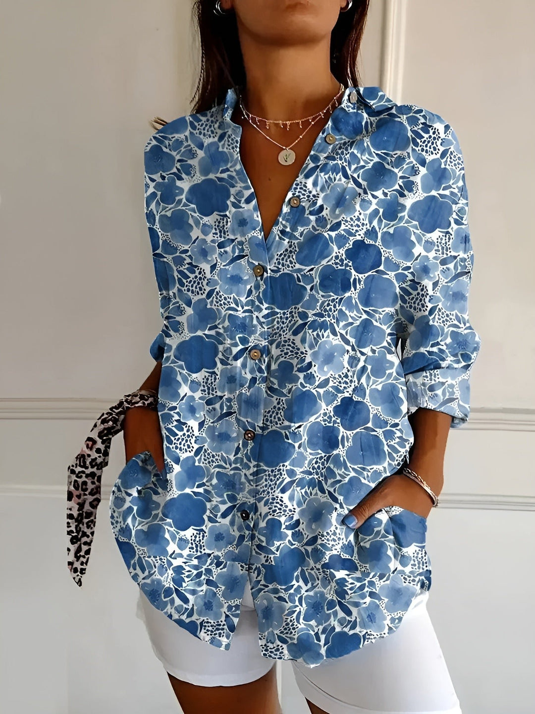 Damen Geblümte Leichte Langarm-Bluse mit Knopfleiste - Dark Blue Flower
