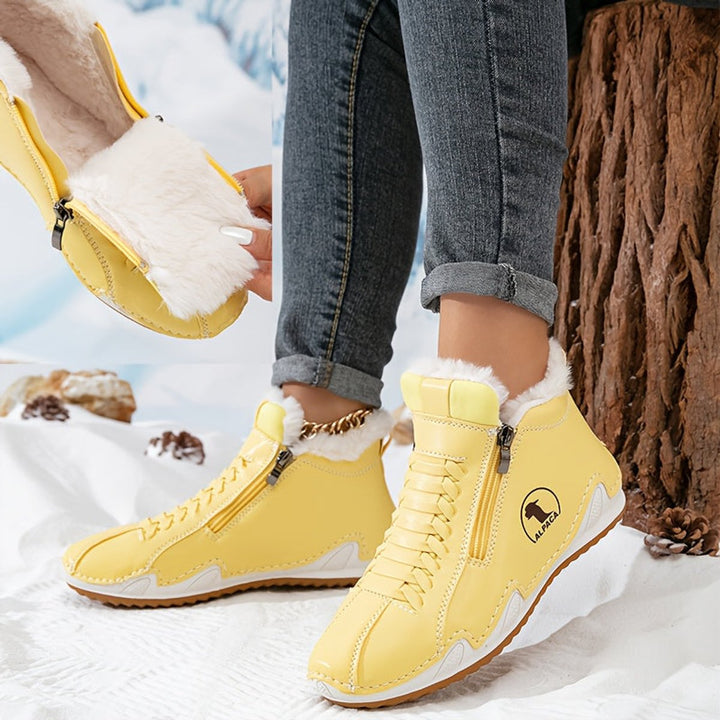 Damen Gefütterte Ankle Boots Schnürstiefeletten Kunstfell Reißverschluss - Gelb