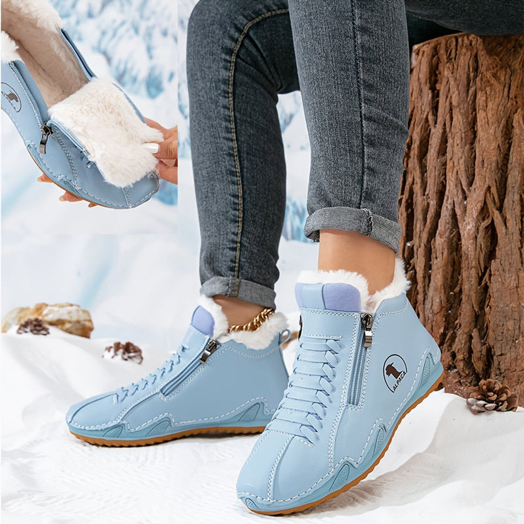 Damen Gefütterte Ankle Boots Schnürstiefeletten Kunstfell Reißverschluss - Blau