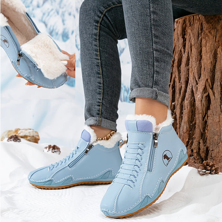 Damen Gefütterte Ankle Boots Schnürstiefeletten Kunstfell Reißverschluss - Blau