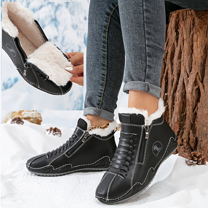 Damen Gefütterte Ankle Boots Schnürstiefeletten Kunstfell Reißverschluss - Schwarz