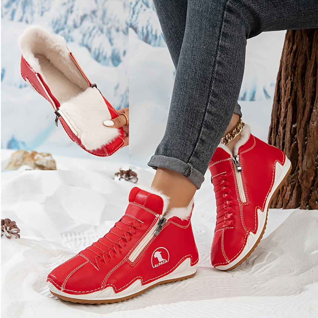 Damen Gefütterte Ankle Boots Schnürstiefeletten Kunstfell Reißverschluss - Rot