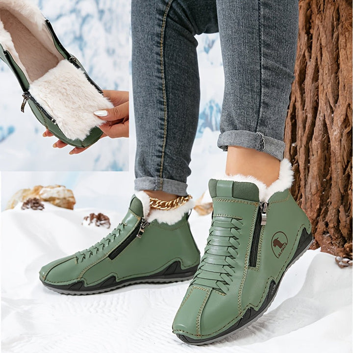Damen Gefütterte Ankle Boots Schnürstiefeletten Kunstfell Reißverschluss - Grün
