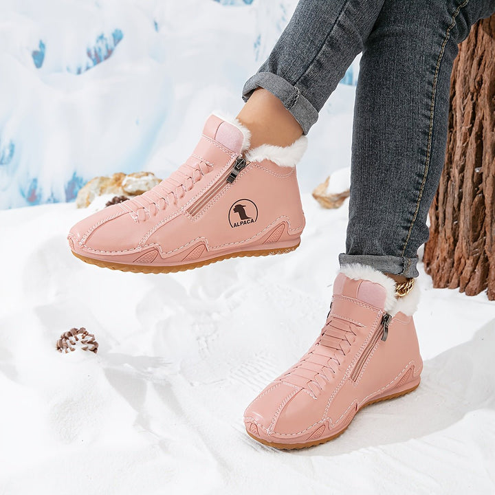 Damen Gefütterte Ankle Boots Schnürstiefeletten Kunstfell Reißverschluss - Rosa