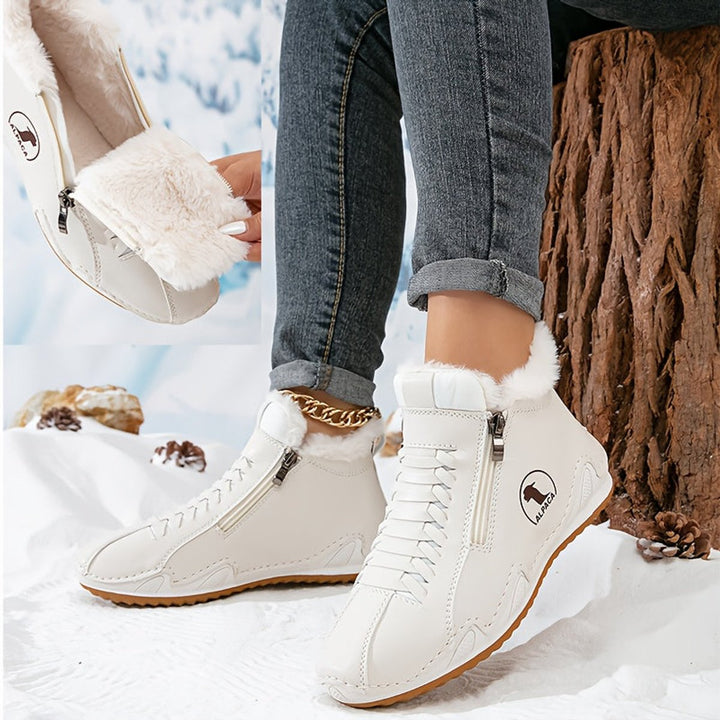 Damen Gefütterte Ankle Boots Schnürstiefeletten Kunstfell Reißverschluss - Weiß