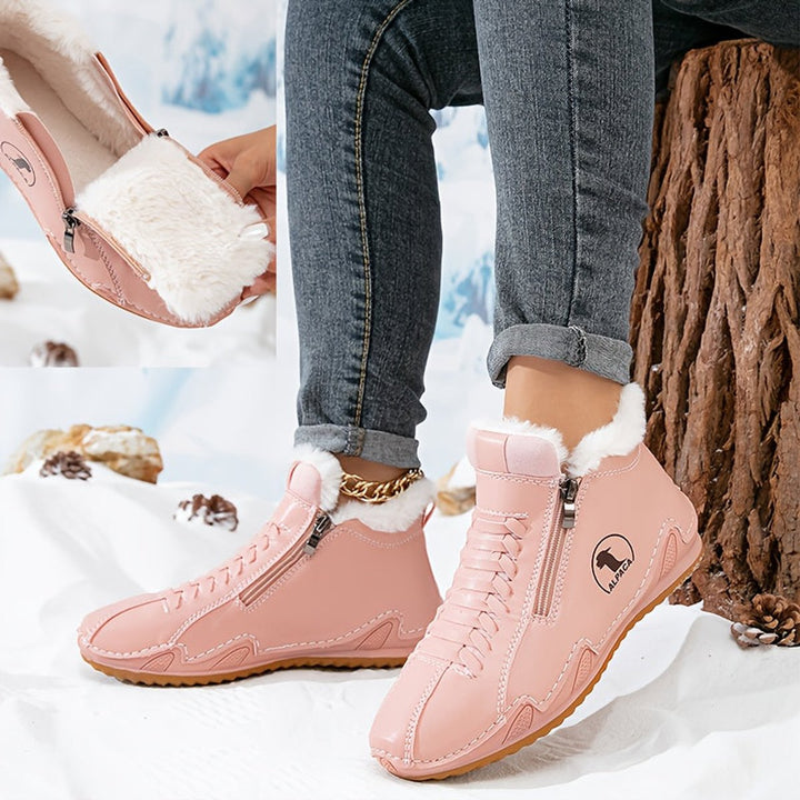 Damen Gefütterte Ankle Boots Schnürstiefeletten Kunstfell Reißverschluss
