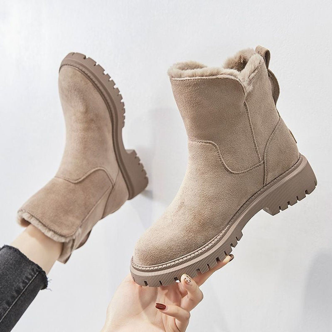 Damen Gefütterte Wildleder Ankle Boots Stiefeletten Flach Warm - Beige