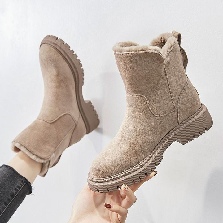 Damen Gefütterte Wildleder Ankle Boots Stiefeletten Flach Warm - Beige