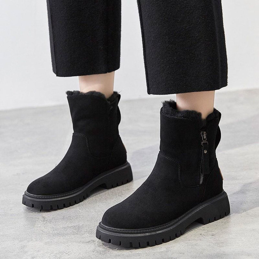 Damen Gefütterte Wildleder Ankle Boots Stiefeletten Flach Warm - Schwarz