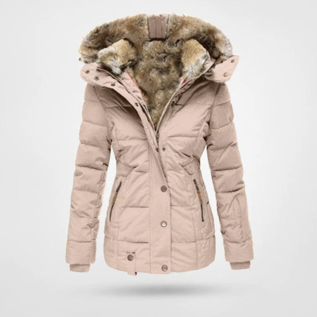 Damen Gefütterte Winterjacke mit Kapuze Kunstfell Tailliert - Hellrosa
