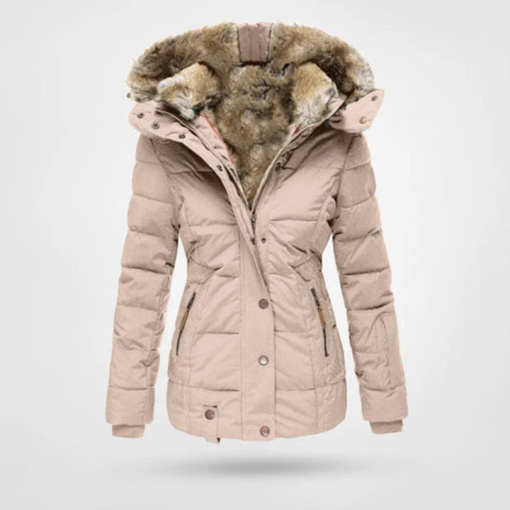 Damen Gefütterte Winterjacke mit Kapuze Kunstfell Tailliert - Hellrosa