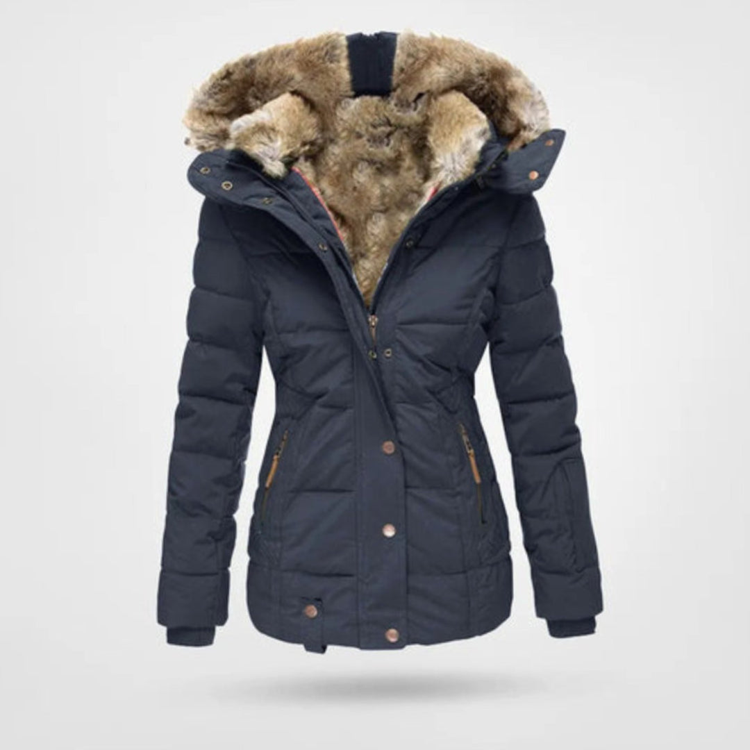 Damen Gefütterte Winterjacke mit Kapuze Kunstfell Tailliert - Blau