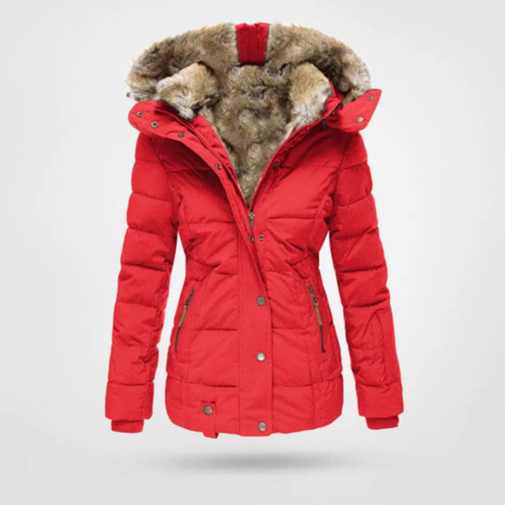 Damen Gefütterte Winterjacke mit Kapuze Kunstfell Tailliert - Rot