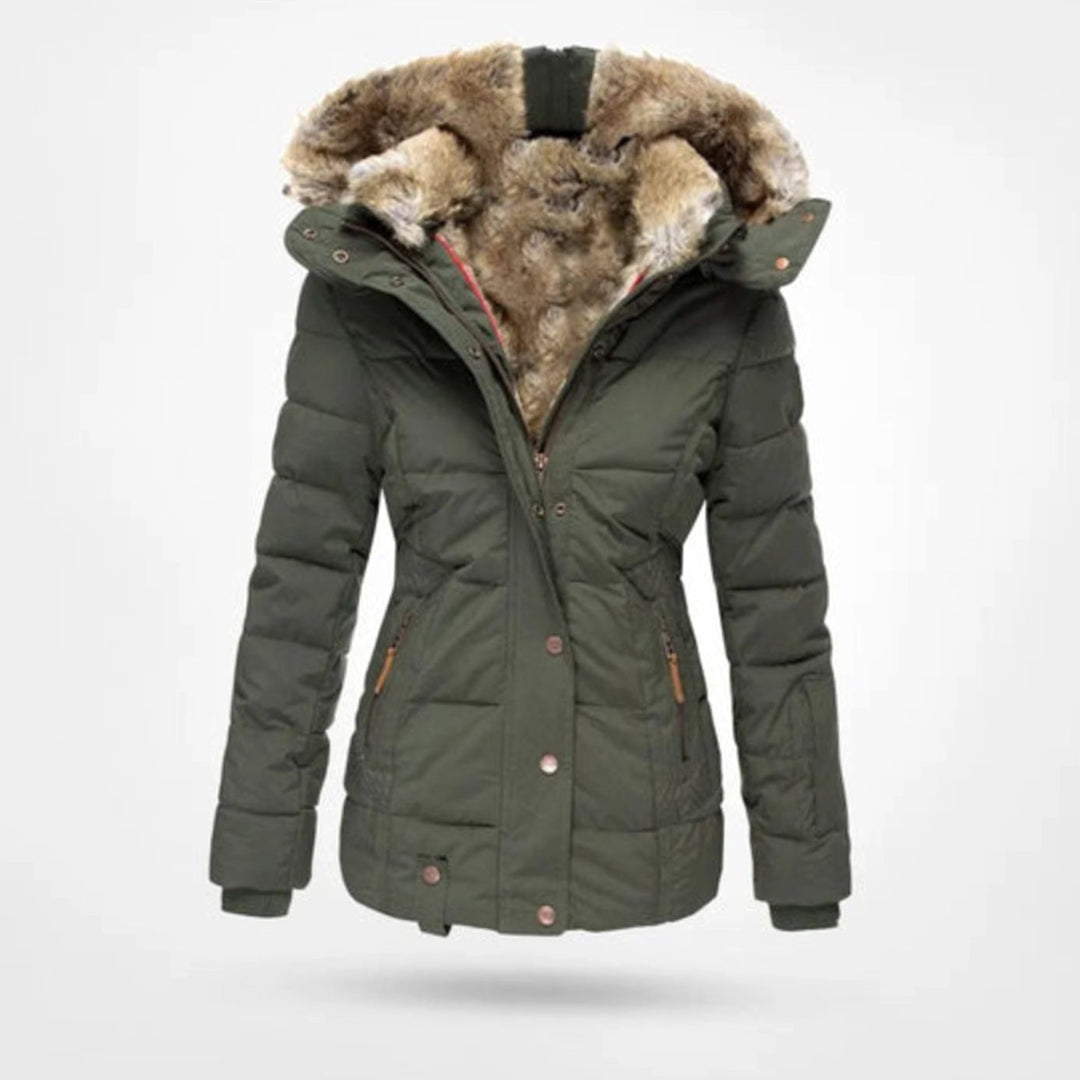 Damen Gefütterte Winterjacke mit Kapuze Kunstfell Tailliert - Grün