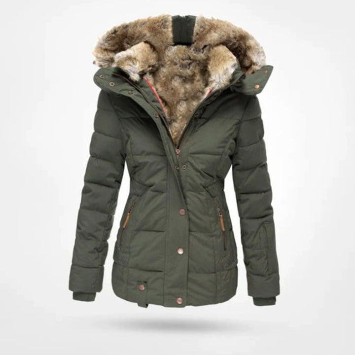 Damen Gefütterte Winterjacke mit Kapuze Kunstfell Tailliert - Grün
