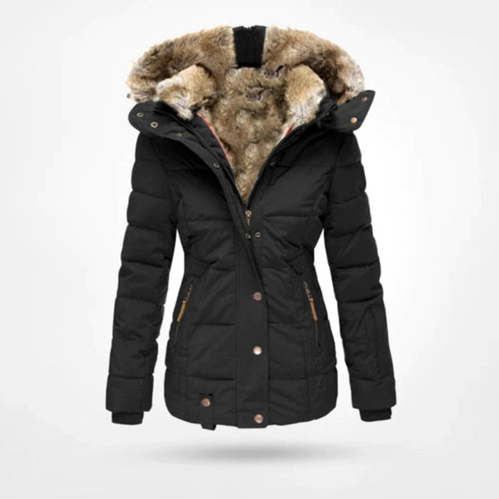Damen Gefütterte Winterjacke mit Kapuze Kunstfell Tailliert - Schwarz