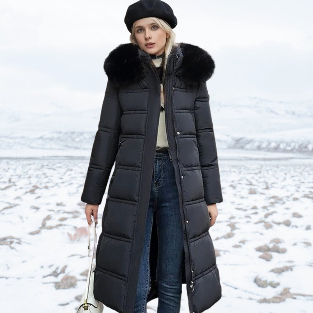 Damen Gefütterter Wintersteppmantel mit Kapuze und Taillengürtel - Schwarz