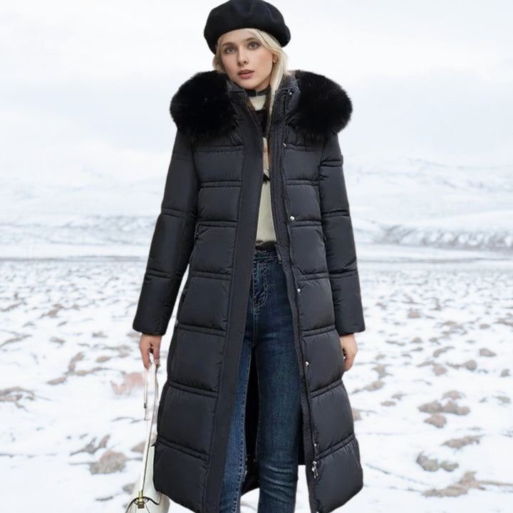 Damen Gefütterter Wintersteppmantel mit Kapuze und Taillengürtel - Schwarz
