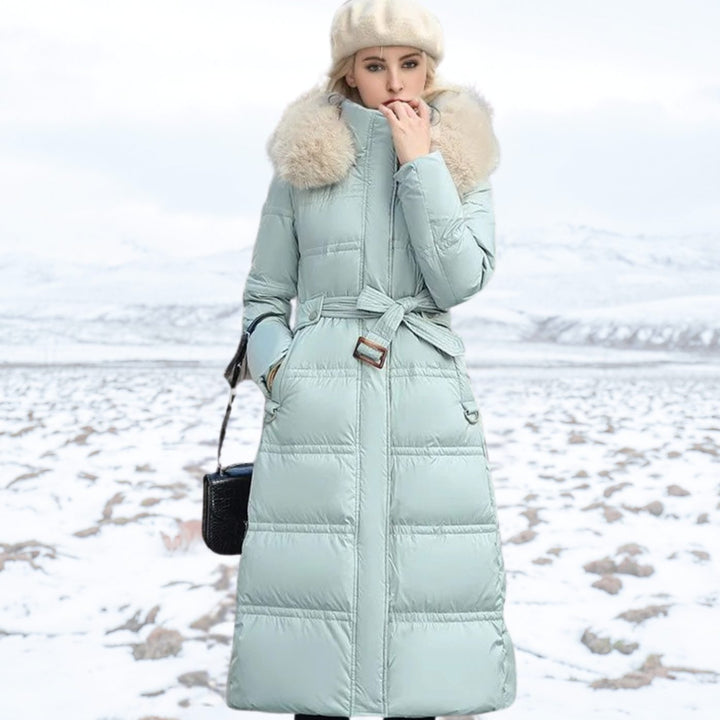 Damen Gefütterter Wintersteppmantel mit Kapuze und Taillengürtel - Babyblau