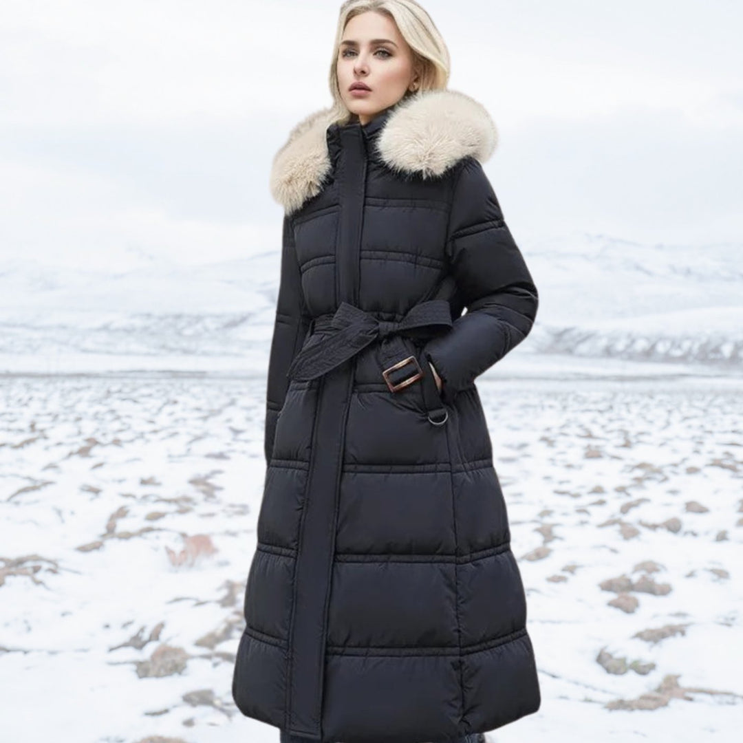 Damen Gefütterter Wintersteppmantel mit Kapuze und Taillengürtel - Schwarz mit Beigefarbenem Kragenfutter