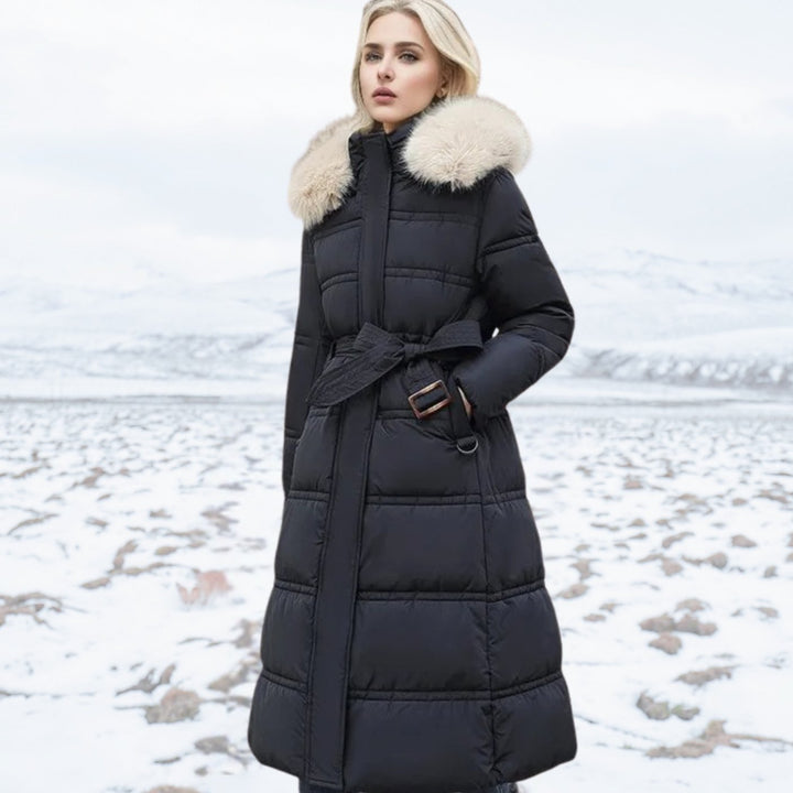 Damen Gefütterter Wintersteppmantel mit Kapuze und Taillengürtel - Schwarz mit Beigefarbenem Kragenfutter