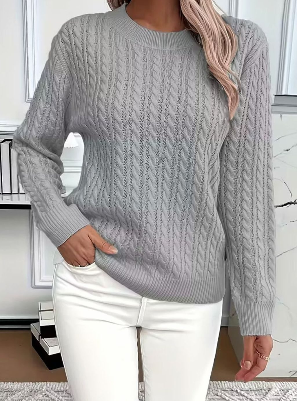 Damen Gemütlicher Winter-Zopfmuster-Strickpullover Rundhals - Grau