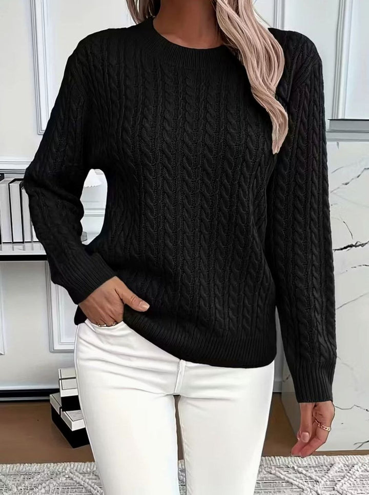 Damen Gemütlicher Winter-Zopfmuster-Strickpullover Rundhals - Schwarz