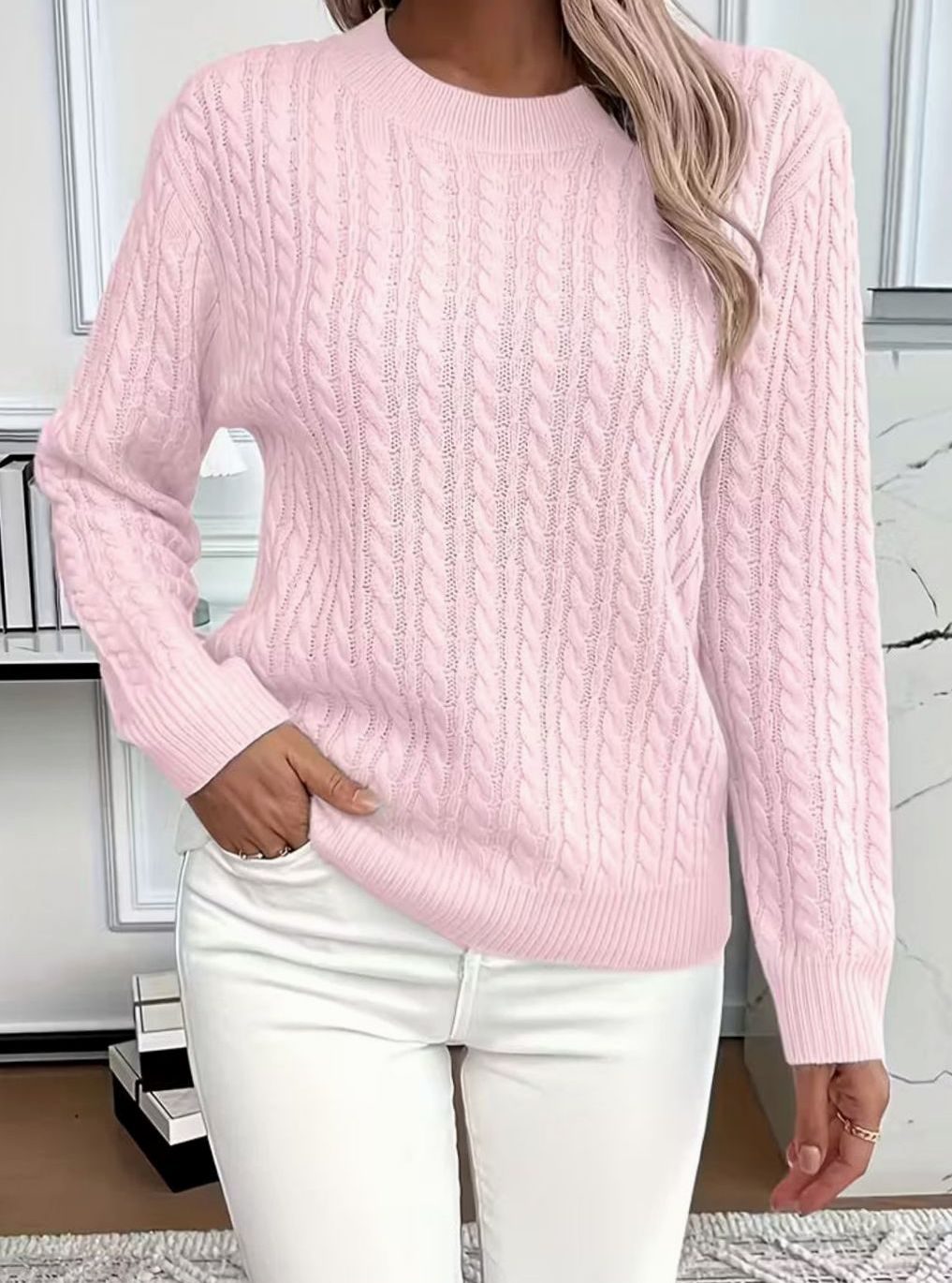 Damen Gemütlicher Winter-Zopfmuster-Strickpullover Rundhals - Rosa