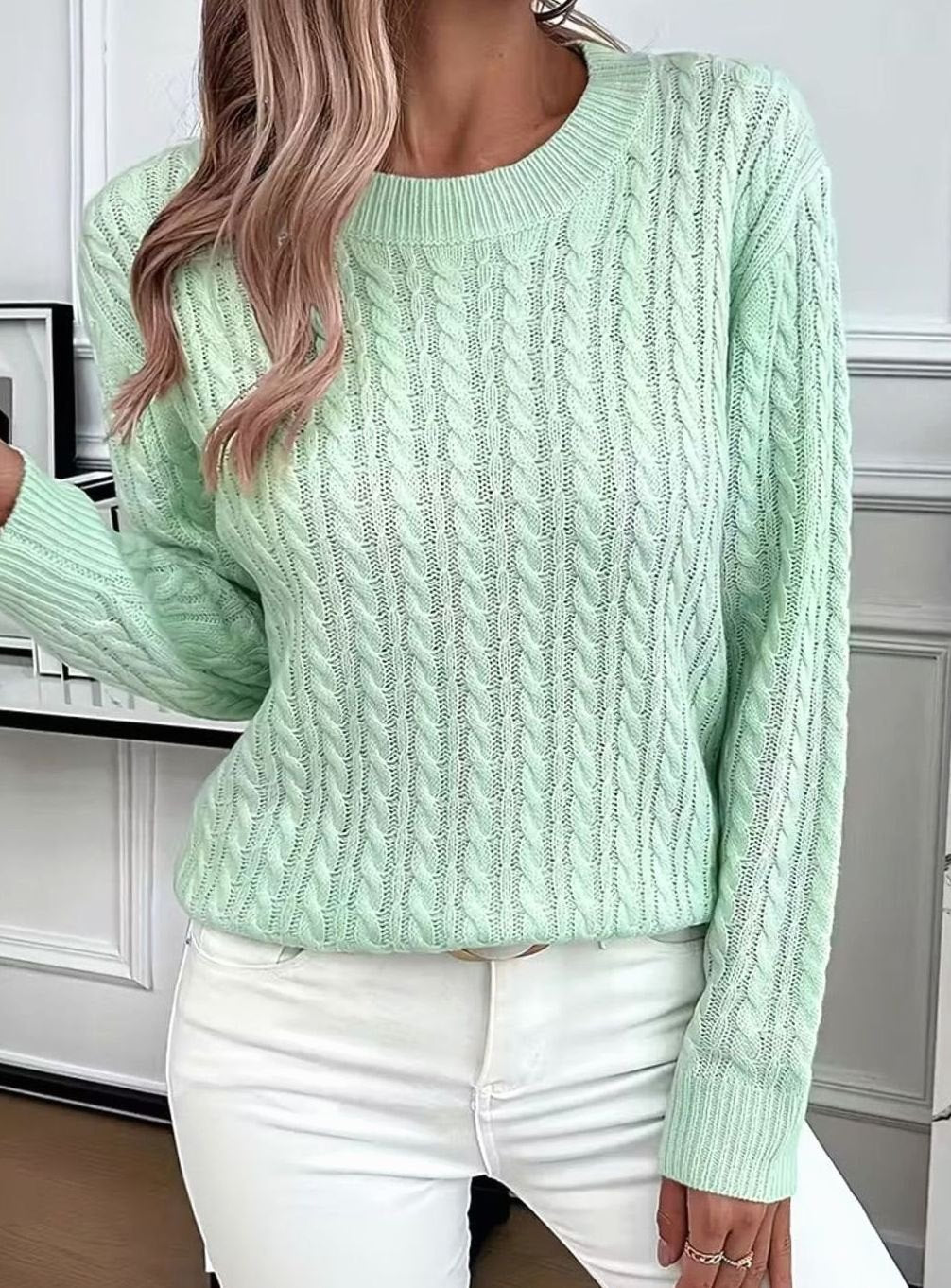Damen Gemütlicher Winter-Zopfmuster-Strickpullover Rundhals