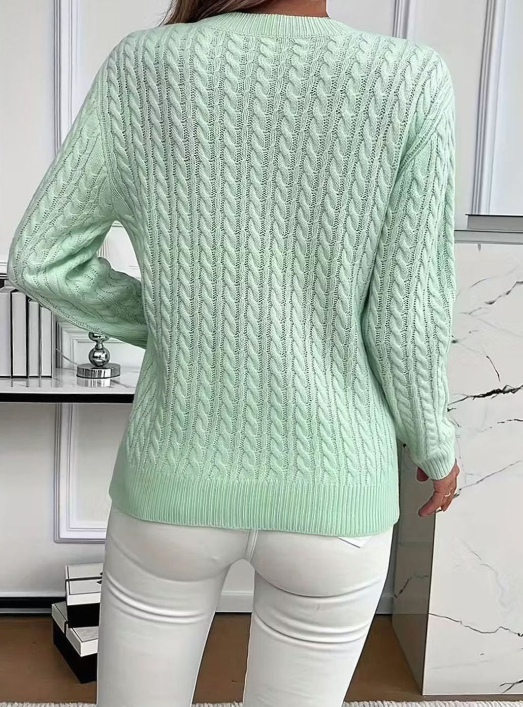 Damen Gemütlicher Winter-Zopfmuster-Strickpullover Rundhals